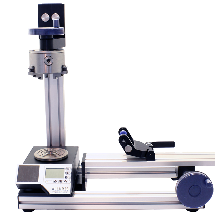 Prüfstände zum Alluris® Drehmomentprüfgerät oder Drehmomentmessgerät. Handrad und Führung ermöglichen eine sehr präzise, kreisförmige Einleitung des Moments.